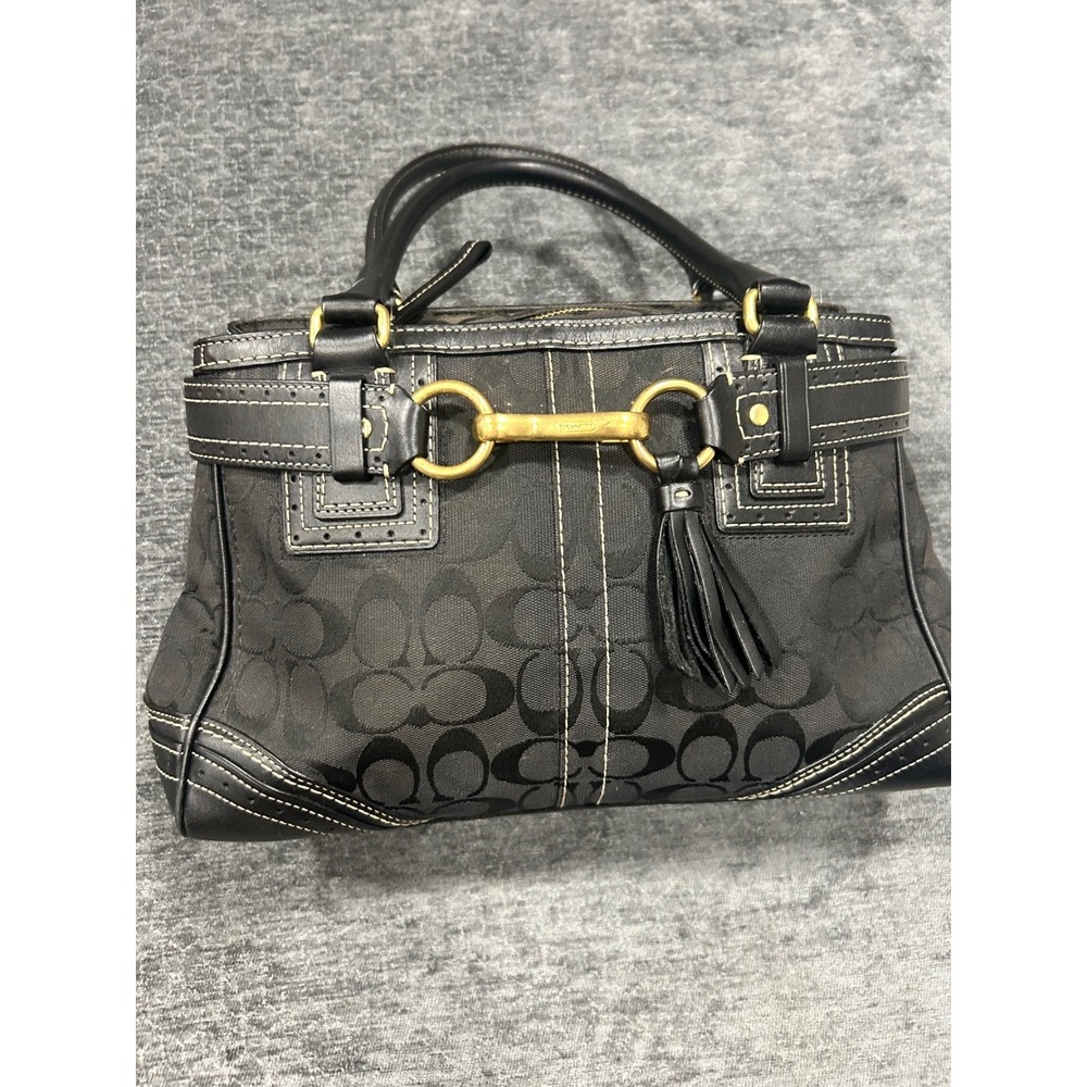 Coach Vintage Y2k Black Hampton Jacquard Signature Leather Trim Satchel Bag